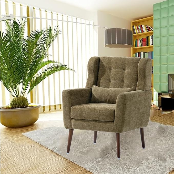 Modern Accent Chair Chenille Armchair for Living Room Upholstered Lounge Chair with Pillow Solid Wood Legs (Olive Green)