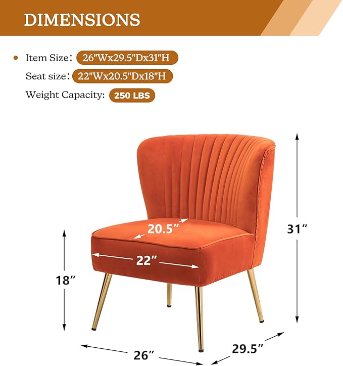 TINA'S HOME Monica Velvet Armless Side Chair Set of 2 Upholstered Accent Chair Comfy Living Room Chair with Golden Legs Wingback Mid Century Slipper Chair for Bedroom Guest Room- Orange