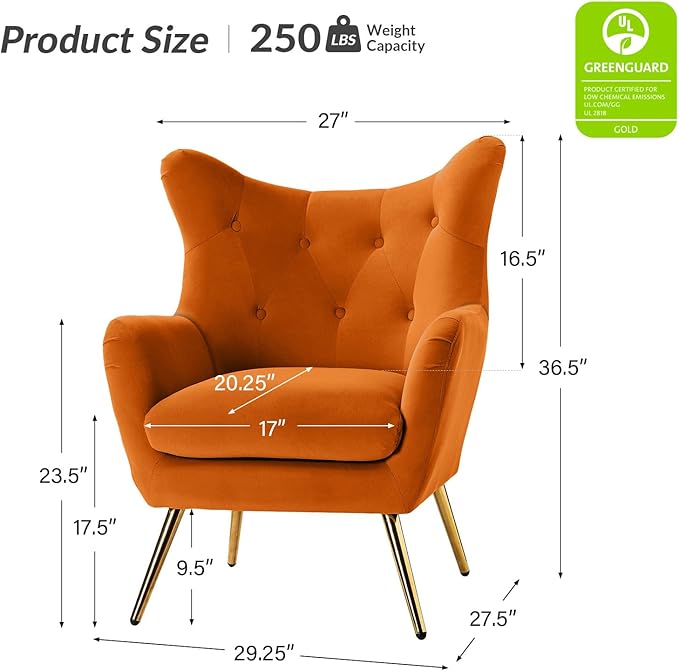 HULALA HOME Velvet Accent Chair Set of 2 Modern Wingback Arm Chair with Metal Gold Legs Velvet Tufted Upholstered(Orange)