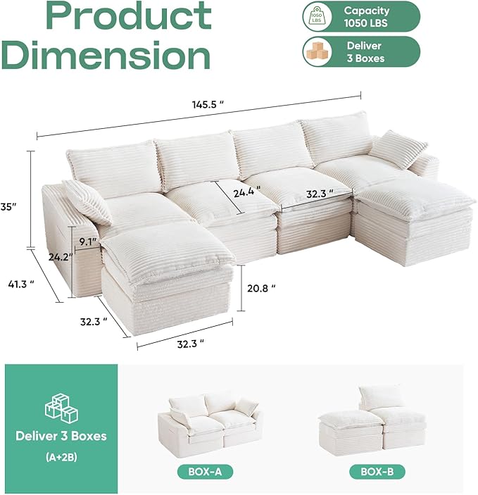 145 Modular Sectional Sofa Comfy Cloud Sectional Couch with Deep SeatOversized U Shaped Boneless Couch with OttomanUpholstered Boneless Cloud Couch with Side PocketsCorduroyBeige