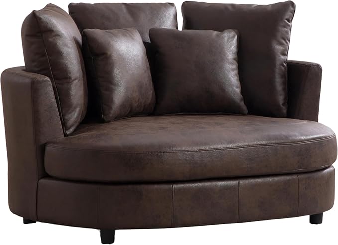 54.9''W Oversized Accent Barrel Chair Upholstered Faux Leather Comfy Couch Sofa with 5 Pillows for Bedroom Living Room Apartment Studio Brown.