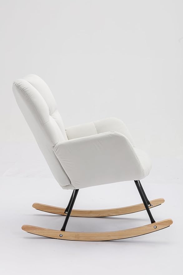 Mid Century Modern Velvet Tufted Upholstered Rocking Chair Padded Seat for Living Room Bedroom White