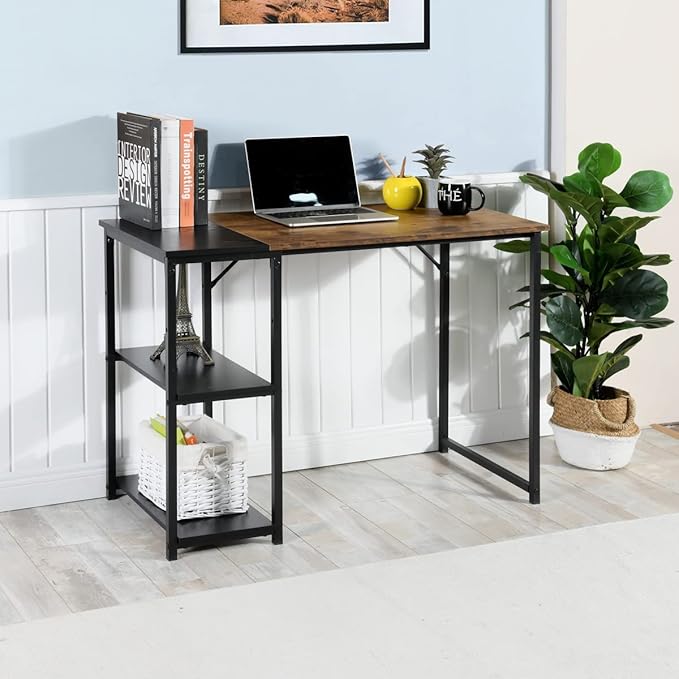 Black Brown Wood Top Contemporary Writing Table with 2 Storage Shelves for Home Office Study Computer Desk L39.3 x W18.9 x H29.1