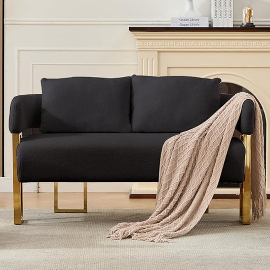 51 Comfy Loveset Sofa Black Small Teddy Love Seat Sofa Bedroom Mini Couch Living Room Side Chair with Gold Metal Legs for Dressing Area Reception Room Office (Black)