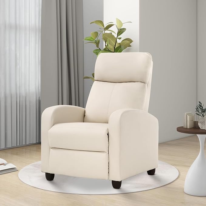Recliner Chair PU Leather Massage Single Sofa Home Theater Seating Breathable Padded Reading Sofa with Footrest for Bedroom Living RoomBeige