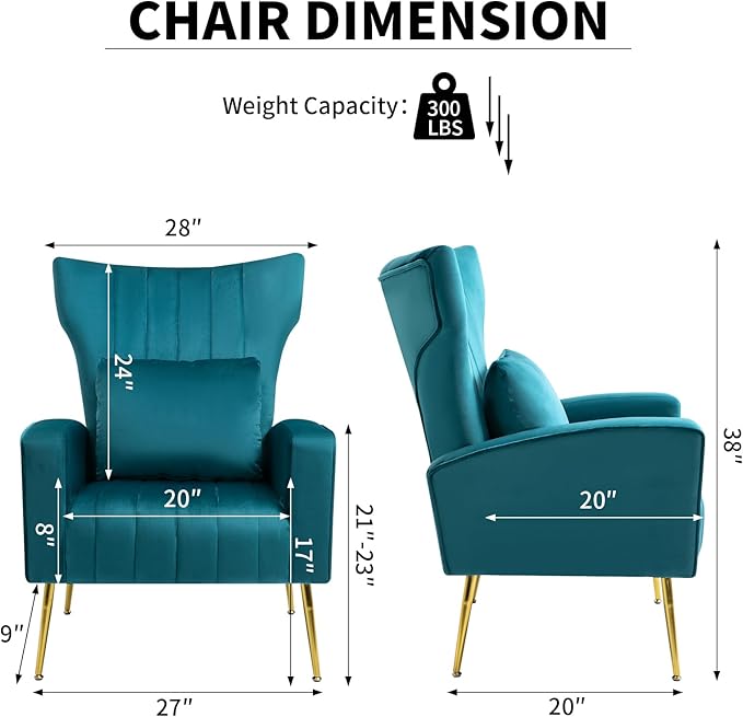 Velvet Accent Chair for Living Room Bedroom Modern Arm Chair with Wingback &amp Gold Metal Legs Lumbar Pillow Included Dark Teal