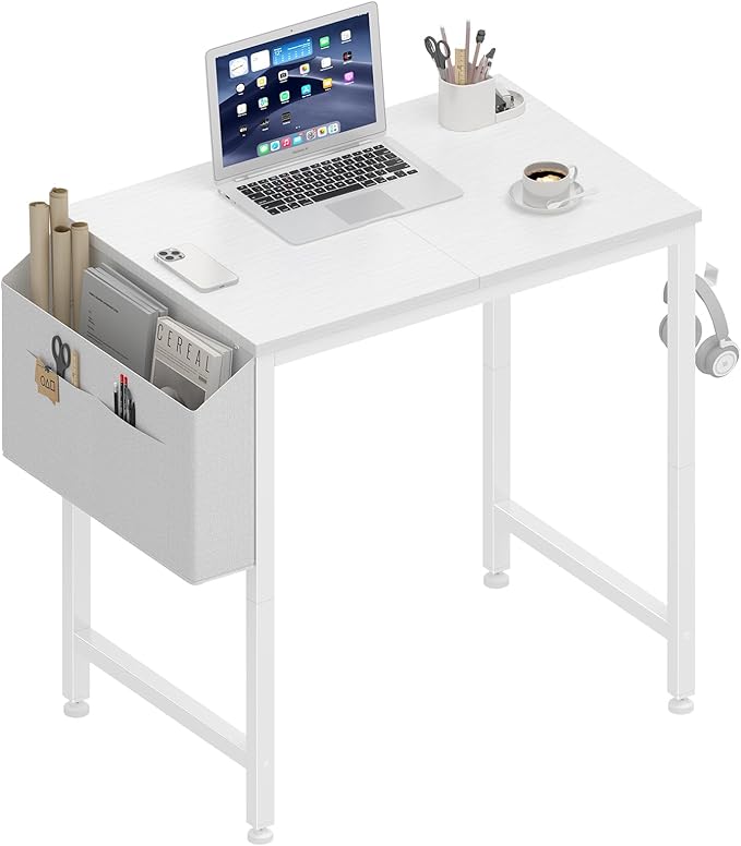 Lufeiya Small White Desk for Small Spaces 24 Inch Kids Girls Study Writing Mini Desks for Bedroom Simple Modern Laptop PC Little Side Table with Storage Bag Headphone Hook White