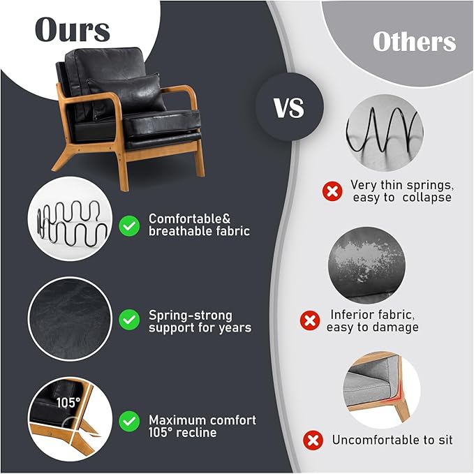 Leather Armchair with Wood Frame Waist Cushion Mid Century Modern Comfortable Single Person Sofa Chair Armrest Reading Accent Chairs for Living Room Bedroom (Black)