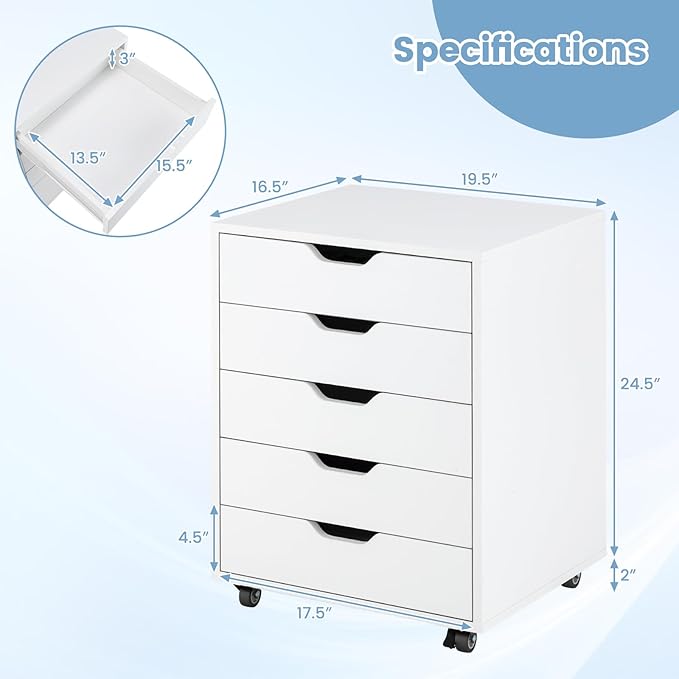 File Cabinet Mobile Filing Cabinet w/Universal Wheels &amp 5 Drawers Wood Printer Stand with Storage Rolling File Cabinets for Home Office Living Room Bedroom (White 5 Drawers)