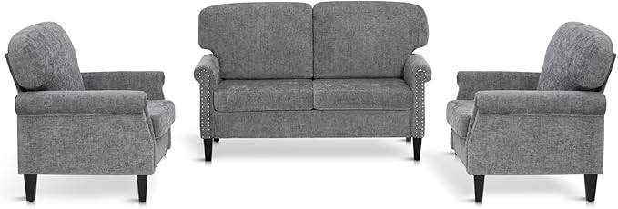 Sophia &amp William 3 Piece Living Room Furniture Set 1 Loveseat &amp 2 Accent Chairs Linen Fabric Comfy Sectional Sofa Couch for Living Room Bedroom Grey