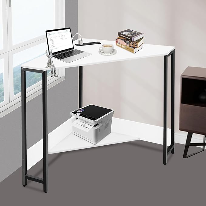 Small Corner Desk with Outlet Corner Table for Small Space Industrial Computer Desk w/USB Ports Triangle Desk for Home Office Workstation Living Room Bedroom (White)