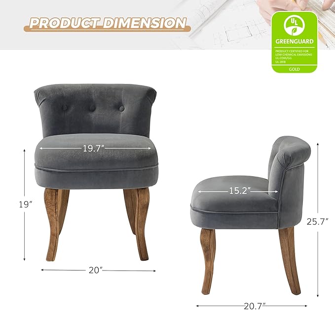 HULALA HOME Velvet Vanity Stool with Low Back Modern Vanity Chair with Solid Wood Legs Small Upholstered Makeup Chair Home Decor for Bedroom Living Room Dressing Table Women Girls Grey