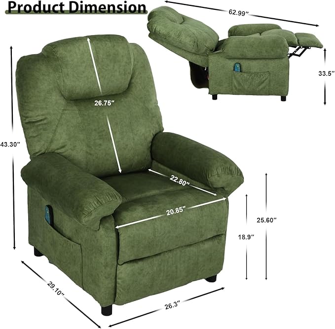 Pushback Massage Recliner Chair with Heat Fabric Heated Massaging Reclining Chair Single Sofa for Adults Mid Century Small Push Back Manual Recliner for Living RoomGreen