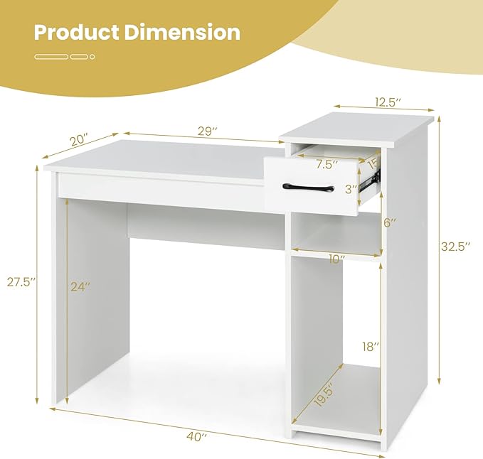 Giantex White Computer Desk 40 Study Writing Desk with Drawers and Printer Shelves Modern PC Laptop Workstation for Small Space Home Office