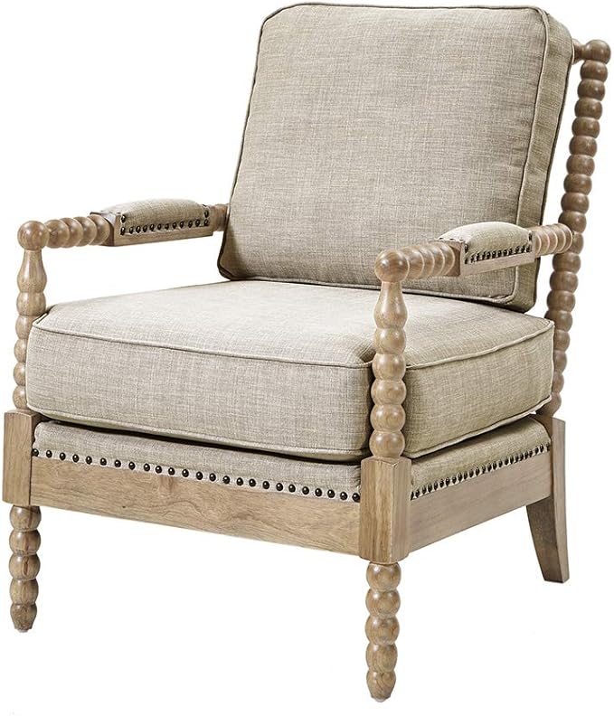 Madison Park Donohue Mid-Century Modern Accent Chairs for Living Room with Nailhead Trim Solid Wood Oakwood Finish Upholstered Seat Lounge for Reading Bedroom Furniture Light Grey
