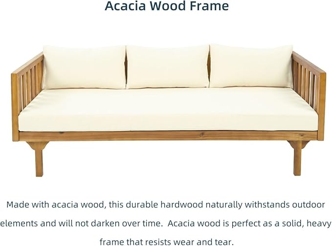 Merax Solid Acacia Wood Couch Chaise Lounge Chair Indoor 3 Seater Daybed Sofa Couches with Cushions &amp Pillow Heavy Frame Day Bed for Living Room Office Outdoor Balcony Patio Water Resistant