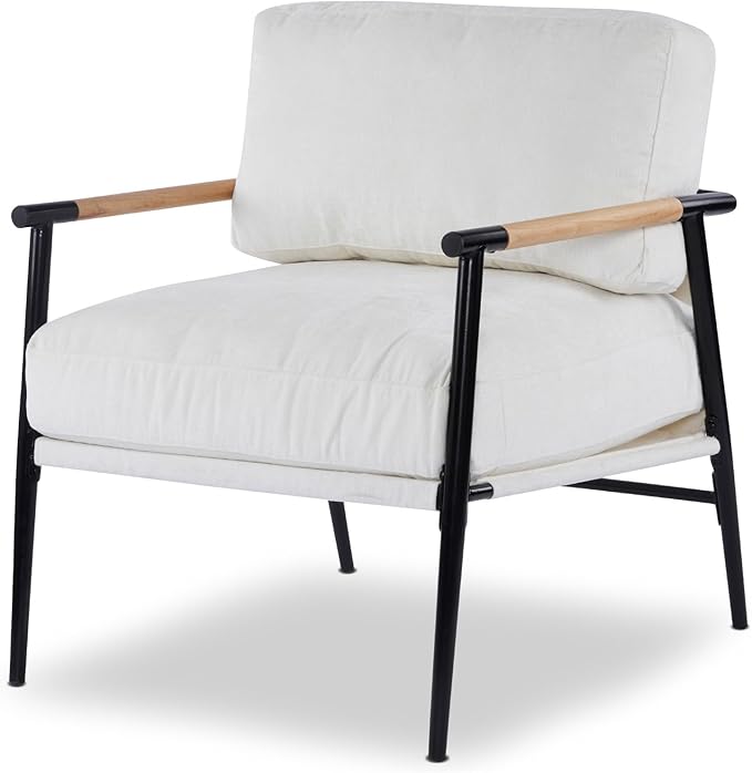 Accent Chair Living Room Chair Modern Mid-Century Armchair Comfy Reading Chair for Bedroom Upholstered Chenille Fabric Lounge Chair W/Plush Cushions Metal Frame and Wooden Armrest 1PC White