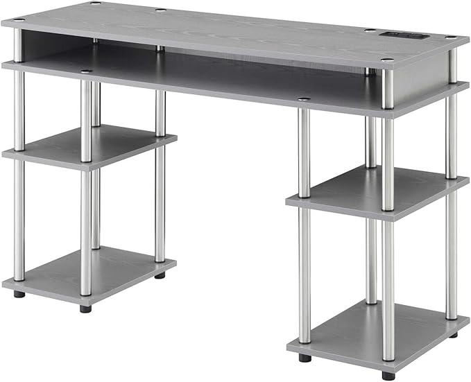 Convenience Concepts Designs2Go No Tools Student Desk with Charging Station and Shelves Gray