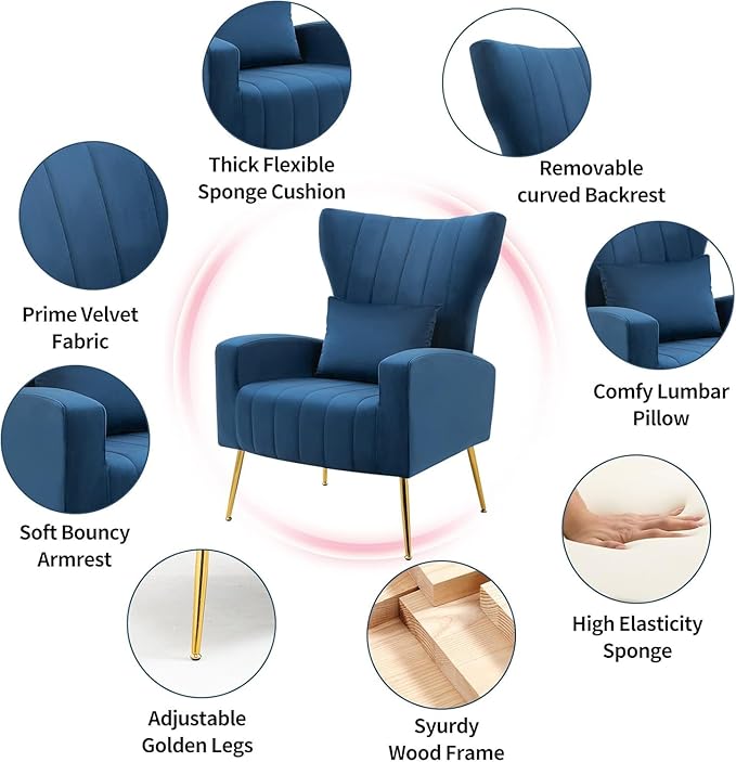 Velvet Accent Arm Chairs with Wingback &amp Lumbar Pillow Modern Armchair for Living Room Bedroom Guest Reception Side Chair for Office Gold Finish Navy Blue