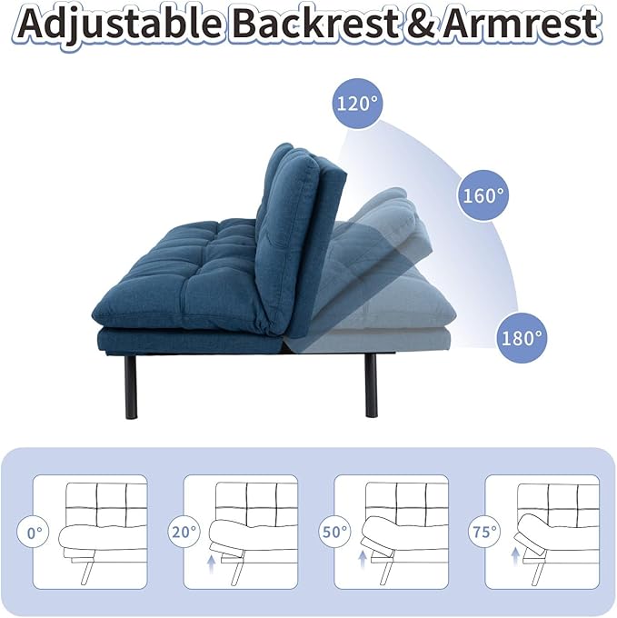 MUUEGM Futon Sofa Bed Memory Foam Navy Blue Futons Modern Office Couch Sleeper Bed Convertible Love seat Sofa for Small SpacesApartmentOffice with Adjustable Armrest Backrest
