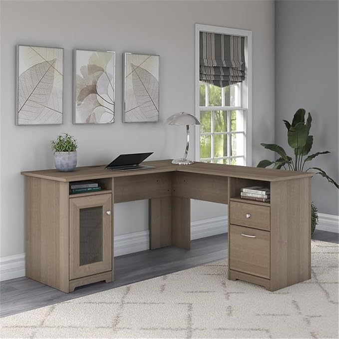 Pemberly Row L Shaped Computer Desk 60W x 59D x 30H Engineered Wood Ash Gray Finish Built-in USB Hub File Cabinet Fluted Glass Door Home Office Corner Desk for Work and Storage