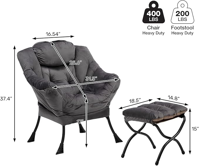 HollyHOME Lazy Chair with Foldable Ottoman Accent Comfy Lounge Armchair and Folding Footrest Stool Leisure Sofa Reading Chair and Footstool for Living Room Bedroom DormVelvet Smoky Grey