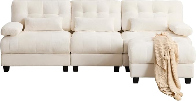 93 3+1 Seater Sofa with Ottoman - 4-Position Adjustable Backrest 350lb/Seat Soft Chenille Fabric 3 Throw Pillows Easy Assembly (Beige)
