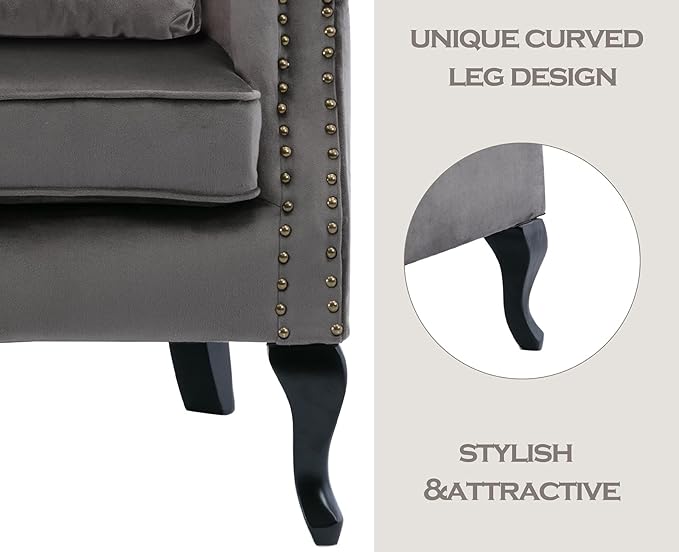 Kmax Velvet Tufted Accent Chair Mid Century Oversized Chair Comfy Sofa Chair Padded Seating WingBack Unique Wood Legs Home Club Bedroom Living Room Grey