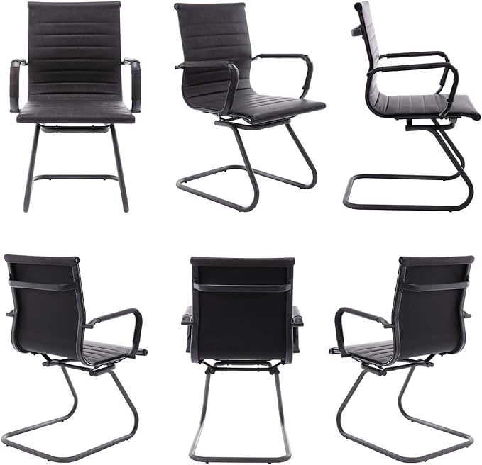 HNY Leather Office Guest Chairs &amp Reception Chairs Set of 8 Modern Waiting Room Chairs with Arms Desk Chair no Wheels with Sled Base for Waiting Room/Conference Room Retro Black