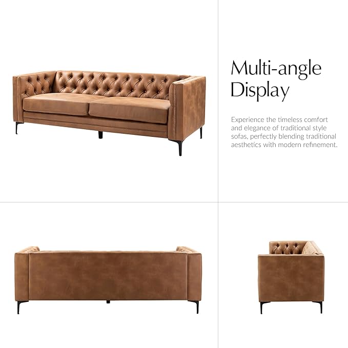 HULALA HOME 84 W Faux Leather Sofa Couch with Metal Legs Button-Tufted 3-Seater Sofa Mid Century Modern Upholstered Couch for Living Room Entertainment Area ApartmentCamel