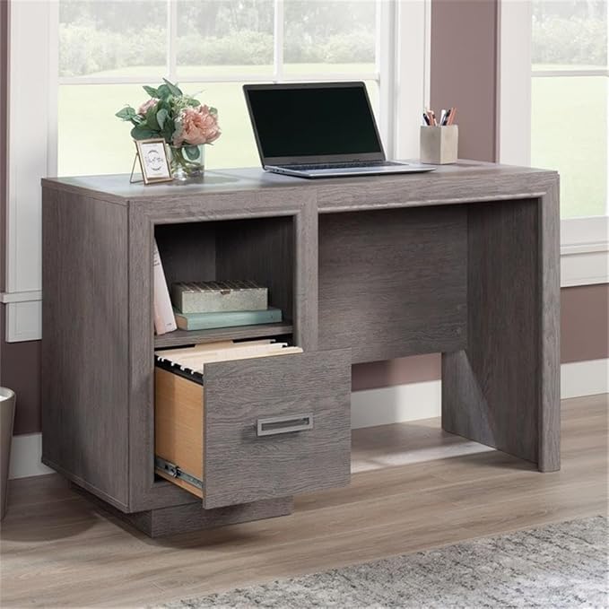 Pemberly Row Contemporary Engineered Wood Desk Ashen Oak Finish 47 in Wide with File Drawer Open Shelf Cord Management System Modern Home Office or Workspace Furniture