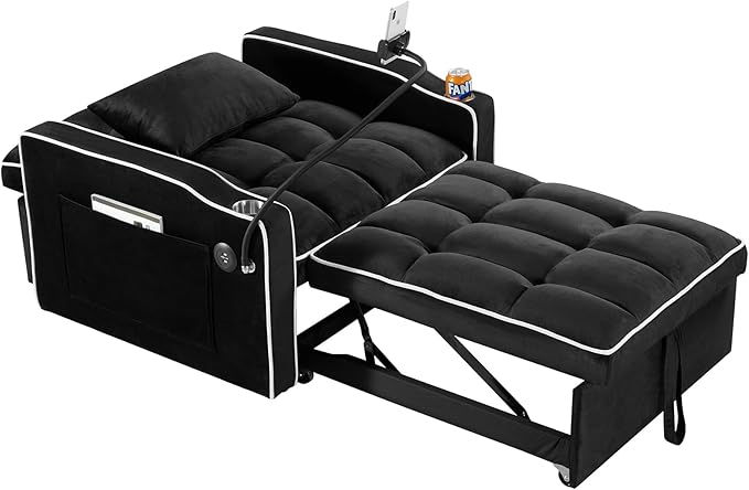 3 in 1 Convertible Sleeper Chair Bed with USB Ports Cup Holder and Phone Stand Velvet Pull Out Futon Sofa Beds Adjustable Backrest Single Sofa Chair for Small Spaces Living Room Office (Black)