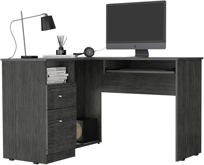 L-Shaped Corner Desk with Keyboard Shelf Smokey Oak Finish for Home Office Workspace