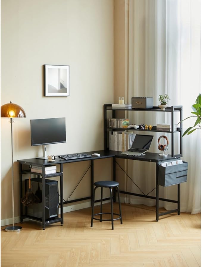 94.5 Inch Home Office Desk L Shape Gaming Desk with Storage Shelves and Padded Stool for Small Space Industrial PC Laptop Desk Corner Work Table with Large Countertop for School and Bedroom Black