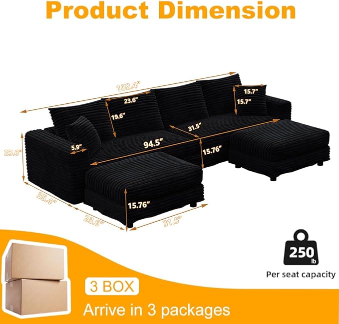 102.4'' Oversized Corduroy Couch Modular Sectional Sofa with 2 Ottomans Upholstered 4 Deep Seat U Shape Sofa Convertible Cloud Couches with Chaise Lounge for Living Room Apartment Black