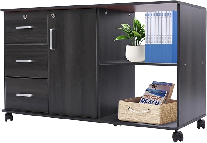 3 Drawer Mobile File Cabinet Wood Lateral Filing Cabinet Printer Stand with Open ShelvesLocking File Cabinets for Home Office