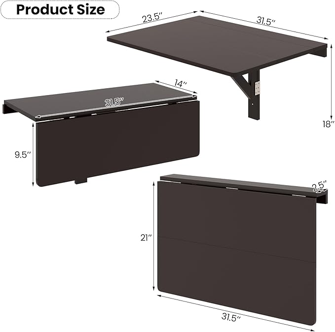 Tangkula 31.5 Wall Mounted Folding Desk Drop-Leaf Floating Desk with Spacious Surface Space-Saving Foldable Wall Table for Study Bedroom Bathroom Balcony &amp Small Spaces