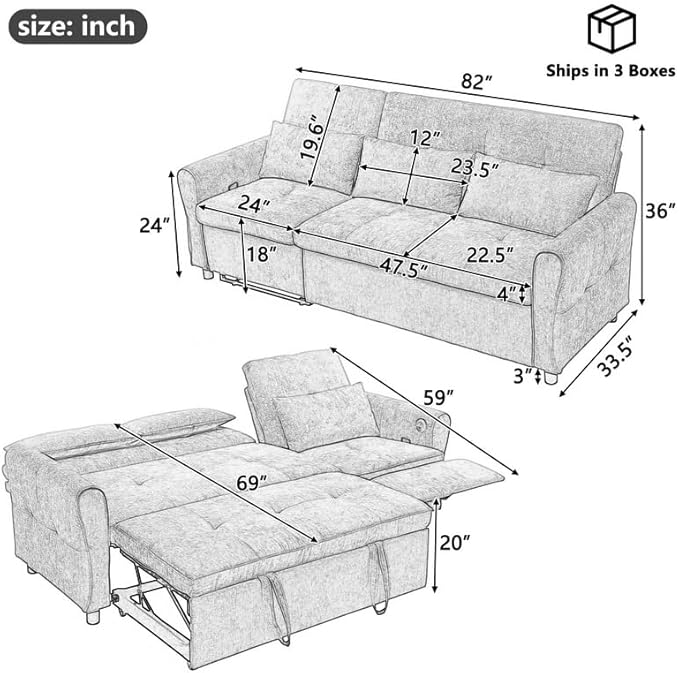 Polibi 2-in-1 Convertible Sofa Bed &amp Recliner - 3-Position Adjustable Backrest (105°-180°) Reversible Design Dual USB Ports 82 Wide Beige