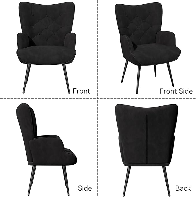 Nalupatio Mid Century Modern Accent Chair Velvet Upholstered Armchair with Metal Legs Tufted Button Wingback Side Chair High Back Reading Chair for Living Room Bedroom Black