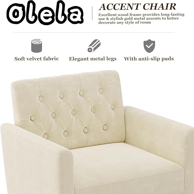 Olela Accent Chair with Arm for Living Room Velvet Modern Armchair Single Sofa Cozy Tufted Upholstered Reading Side Chairs with Gold Metal Leg for Bedroom Decorate