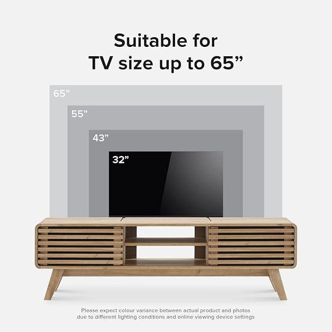 mopio Ensley 59 TV Stand with Slatted Door Mid Century Modern Entertainment Center for 55/60/65 inch TV Farmhouse Media Console with Storage Adjustable Shelves Round Edges Living Room (Oak)