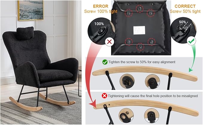 35.5 inch Rocking Chair Soft Fabric Rocking Chair for Nursery Comfy Wingback Glider Rocker with Safe Solid Wood Base for Living Room Bedroom BalconyBlack