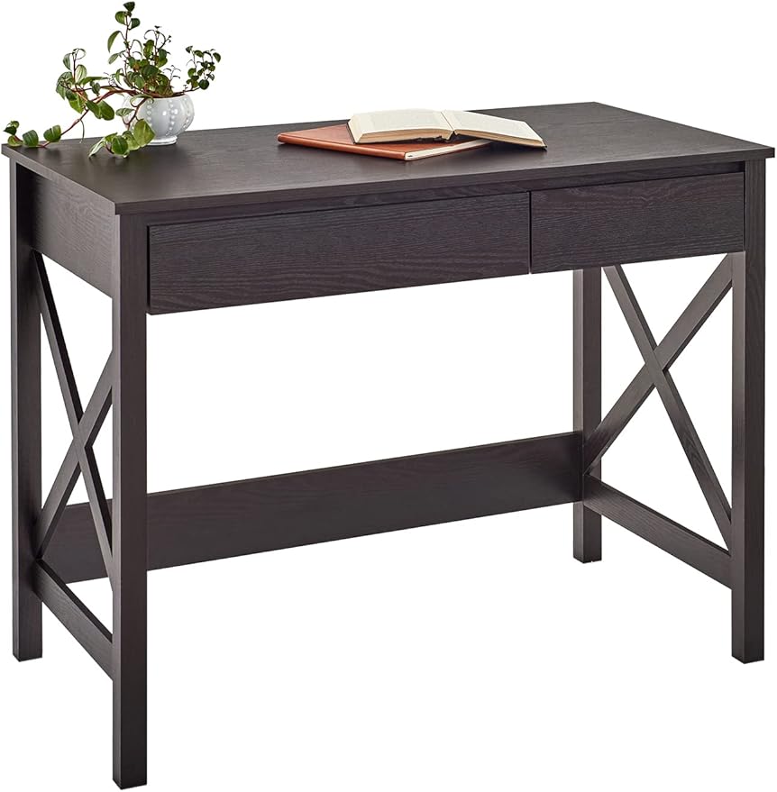 ClosetMaid 3955 X-Frame Design Writing Desk or Console Table with Drawers Black Walnut Wood