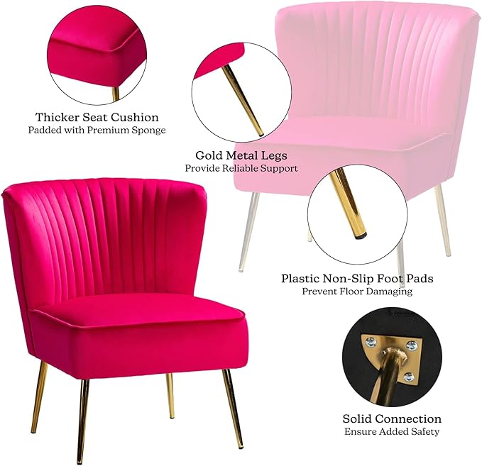 HULALA HOME Velvet Accent Chair Modern Upholstered Cute Side Chair with Gold Metal Legs Armless Wingback Slipper Chair Comfy Living Room Chair for Bedroom Guest Room VanityFuchsia