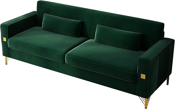 85.63 Velvet SofaModern Loveseat Couch with Pillows Set of 2 for Living RoomBedroomApartment Furniture with Gold Metal Legs (Green)