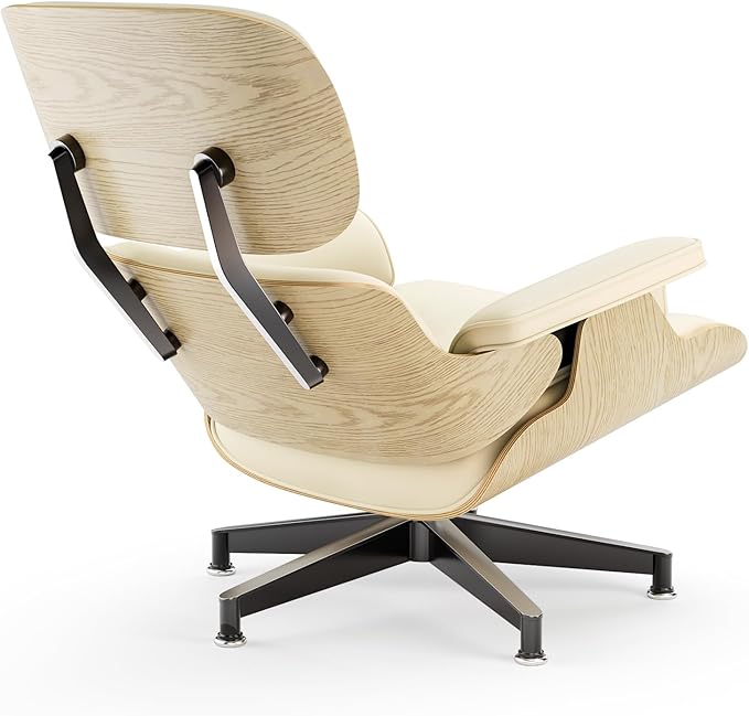 Top Cream White Grain Leather Mid Century Chaise Lounge Chair and Ottoman Modern Chair Classic Design Ash Wood Heavy Duty Base Support for Living Room Office
