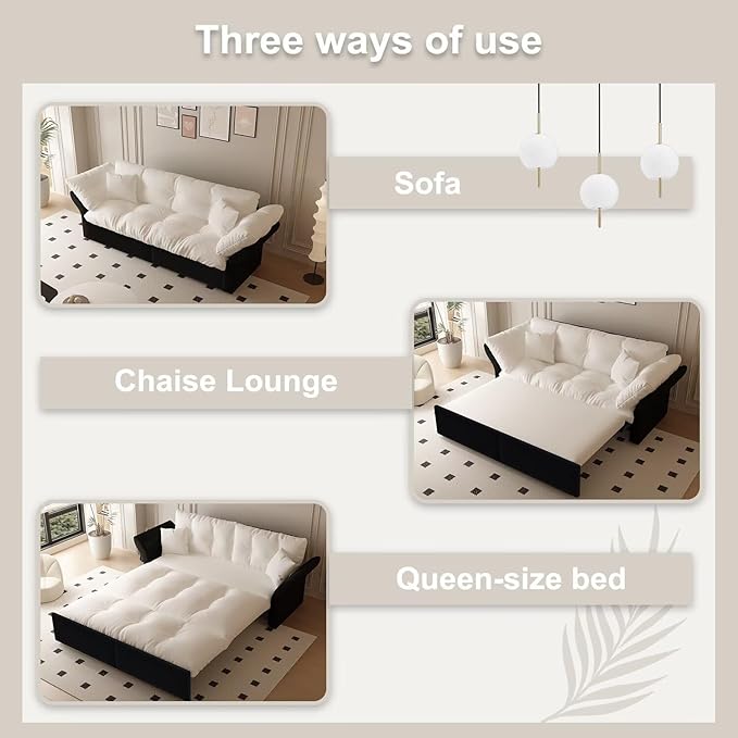 74.8 3-in-1 Folding Convertible Sleeper Tufted Couch with 2 Soft Pillows Velvet Pull Out Sofa Bed Multi-Functional Loveseat Bed Beige
