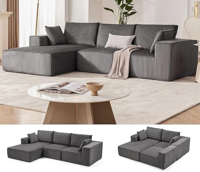 GarveeLife 108” Modular Sectional Sofa Cloud Sectional Couch with L-Shape Chaise Modern Modular Deep Seat Sofa Couch Upholstered Boneless Couches for Living Room Bedroom Left Facing Chaise Grey