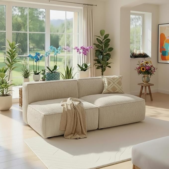 Pipishell Modular Sofa Cloud Couch with Deep Seat Corduroy Upholstered 2-Seater Couches for Living Room Bedroom High Back No Assembly Required (White)