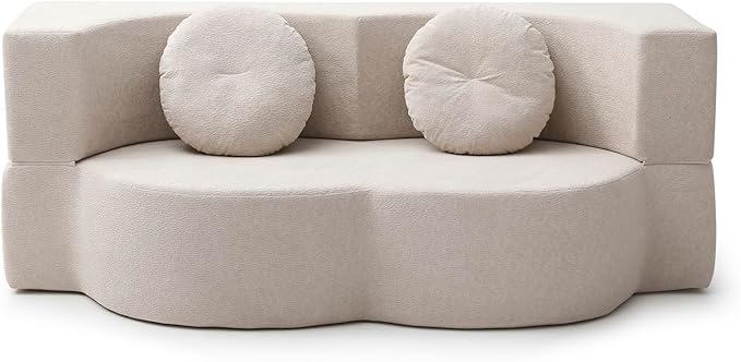 King Size Sofa Bed 76 Inch Convertible Futon Boneless Couch 2-in-1 Loveseat Sleeper Sofa with 2 Pillow Modern Velvet Fabric Floor Couch Bed for Living Room No Assembly Required (Beige)